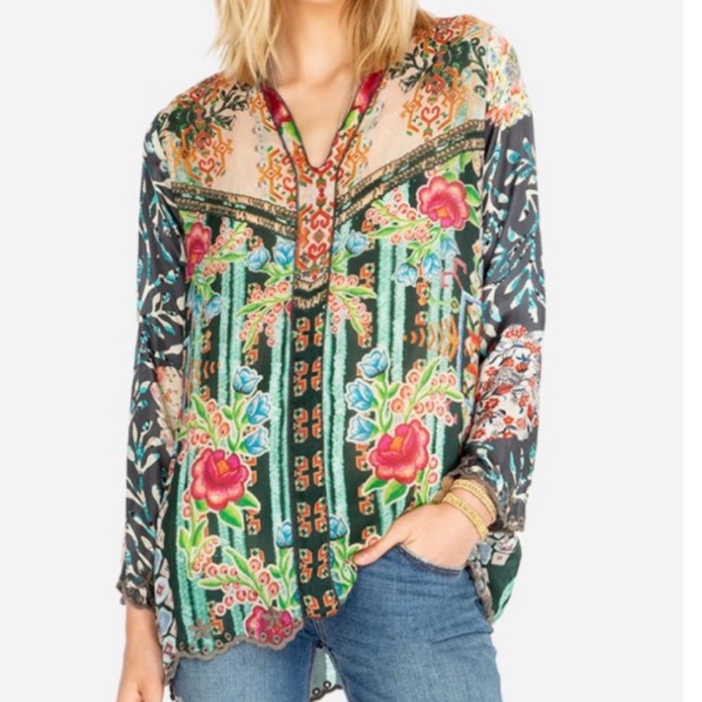 Johnny Was Parnel Embroidered Silk Blouse